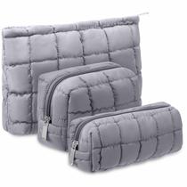 Bolsa de cosméticos Huhumy Puffy acolchoada, 3 peças para mulheres, cinza Bolsa de cosméticos Huhumy Puffy acolchoada, 3 peças para mulheres, cinza
