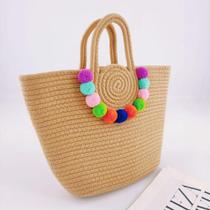Bolsa De Feminina Praia Sacola Verão Com Alça Dupla Pom Pom Cor:nude Bolsa De Feminina Praia Sacola Verão Com Alça Dupla Pom Pom Cor:nude