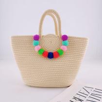 Bolsa De Feminina Praia Sacola Verão Com Alça Dupla Pom Pom Cor:OFF Bolsa De Feminina Praia Sacola Verão Com Alça Dupla Pom Pom Cor:OFF