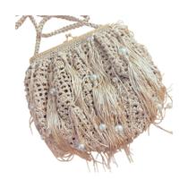 Bolsa de Festa Champagne com Franjas e Pérolas Crochê Artesanal