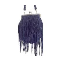 Bolsa de Festa Preta em Crochê com Franjas e Pedras Feita à Mão