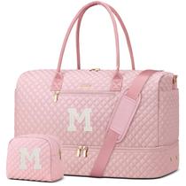Bolsa de fim de semana Focdod Letter M rosa com compartimento para sapatos