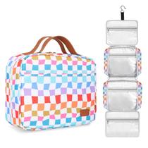 Bolsa de higiene pessoal de viagem Bosidu para mulheres com gancho quadriculado em tons pastel Bolsa de higiene pessoal de viagem Bosidu para mulheres com gancho quadriculado em tons pastel