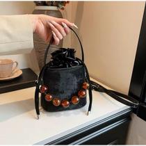 Bolsa de mão com pérolas de couro PU, Bolsa pequena Feminina aveludada com bolinha de decoração Bolsa de mão com pérolas de couro PU, Bolsa pequena Feminina aveludada com bolinha de decoração