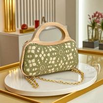 Bolsa De Mão Croché E Palha Madeira Alça Corrente Estilo Artesanal Feminina Luxo Verão Elegante Piscina Praia