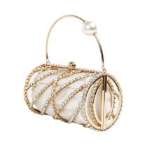 Bolsa De Mão Feminina Horizontal Tipo Barril Com Diamantes Brilhantes E Pérolas