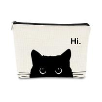 Bolsa de maquiagem BARPERY Cute Cat em tecido de linho preto 19x25cm