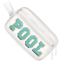 Bolsa de maquiagem COSHAYSOO Clear Pool com adesivo de letras de chenille Bolsa de maquiagem COSHAYSOO Clear Pool com adesivo de letras de chenille