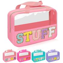 Bolsa de maquiagem e cosméticos Iqimott Chenille Letter Patch rosa