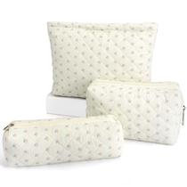 Bolsa de maquiagem EIMMBD 3 peças de grande capacidade, xadrez, bege