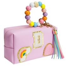 Bolsa de maquiagem Elilier Preppy Patch Pink com menina inicial de 9 anos