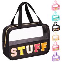Bolsa de maquiagem eurovicky Chenille Letter Patch em PVC transparente e nylon Bolsa de maquiagem eurovicky Chenille Letter Patch em PVC transparente e nylon