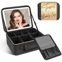 Bolsa de maquiagem JUSRON Travel com espelho LED e porta-escovas preta