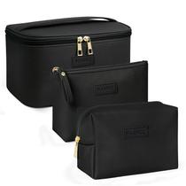 Bolsa de maquiagem MAANGE Large com 2 pequenos conjuntos de viagem de couro preta