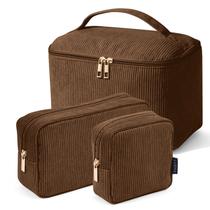 Bolsa de maquiagem MAGEFY, 3 peças de veludo cotelê com alça, organizador, marrom
