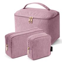 Bolsa de maquiagem MAGEFY Bolsa de cosméticos com alça, 3 peças de veludo cotelê rosa