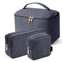 Bolsa de maquiagem MAGEFY Bolsa de cosméticos de veludo cotelê com alça, 3 peças, cinza