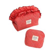 Bolsa De Maquiagem Portátil Multifuncional Com Renda E Estampa Xadrez, Com Babados, Para Viagem E