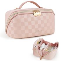 Bolsa de maquiagem Prite Travel à prova d'água de material vegano xadrez rosa