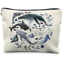 Bolsa de maquiagem RYYCDOI Ocean Animals Shark Whale Linen 19x25cm