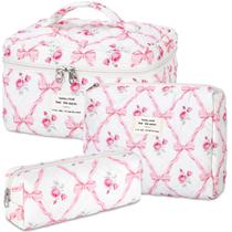 Bolsa de maquiagem senbowe Floral, pacote com 3, algodão acolchoado e laço rosa
