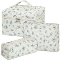 Bolsa de maquiagem senbowe Floral, pacote com 3 unidades, grande, algodão acolchoado