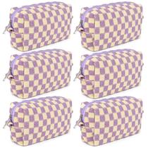 Bolsa de maquiagem SOIDRAM, bolsa de cosméticos roxa quadriculada, conjunto de 6
