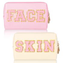 Bolsa de maquiagem Sotiff Preppy Patch impermeável em couro PU Chenille