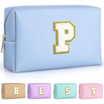 Bolsa de maquiagem TOPEAST personalizada em chenille com letra azul celeste Bolsa de maquiagem TOPEAST personalizada em chenille com letra azul celeste