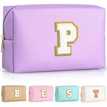 Bolsa de maquiagem TOPEAST personalizada em chenille com letra roxa