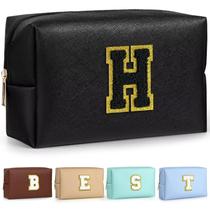 Bolsa de maquiagem TOPEAST Preppy Black com adesivo inicial em couro PU