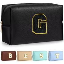 Bolsa de maquiagem TOPEAST Travel com adesivo inicial em couro PU impermeável Bolsa de maquiagem TOPEAST Travel com adesivo inicial em couro PU impermeável