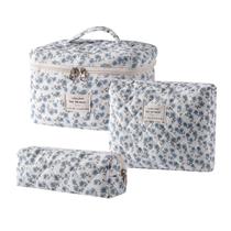 Bolsa de maquiagem uekeboag, coquete de algodão acolchoado, 3 peças de flor azul