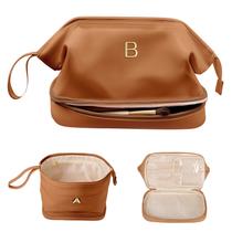 Bolsa de maquiagem Vogewood Personalizada em couro PU inicial de dupla camada Bolsa de maquiagem Vogewood Personalizada em couro PU inicial de dupla camada