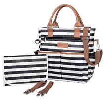 Bolsa de maternidade listrada alças de carrinho e ombro.