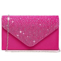 Bolsa de noite feminina Dasein, strass, cetim, rosa choque