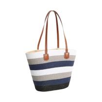 Bolsa De Ombro Casual De Palha Grande Capacidade Com Zíper, Estampa Listrada Quadrada, Ideal Para