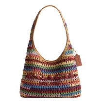 Bolsa de Ombro Coach Brooklyn Grande em Palha Trançada Multicolorida