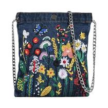 Bolsa De Ombro Feminina Com Flores Bordadas, Bolsa Mensageira De Denim Com Corrente, Bolsa