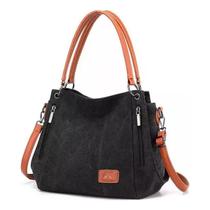 Bolsa de ombro feminina de algodão e couro marrom Bolsa de ombro feminina de algodão e couro marrom