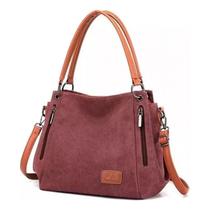 Bolsa de ombro feminina de algodão e couro marrom