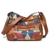 Bolsa de ombro feminina de couro PU retrô retrô com vários bolsos