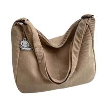 Bolsa De Ombro Feminina De Grande Capacidade Em Corduroy, Casual, Com Fechamento Em Zíper E Patch De Bolsa De Ombro Feminina De Grande Capacidade Em Corduroy, Casual, Com Fechamento Em Zíper E Patch De