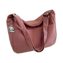 Bolsa De Ombro Feminina De Grande Capacidade Em Corduroy Listrado Com Fecho De Zíper E Patch De Bolsa De Ombro Feminina De Grande Capacidade Em Corduroy Listrado Com Fecho De Zíper E Patch De