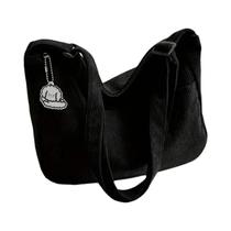 Bolsa De Ombro Feminina De Grande Capacidade Em Corduroy Listrado Com Fecho De Zíper E Patch De