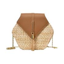 Bolsa De Ombro Feminina De Verão Artesanal Em Palha Hexagonal Com Detalhes Em Couro Estilo Boêmio Bolsa De Ombro Feminina De Verão Artesanal Em Palha Hexagonal Com Detalhes Em Couro Estilo Boêmio