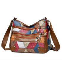 Bolsa de ombro feminina em couro PU Patchwork Crossbody