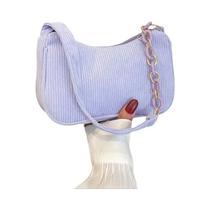 Bolsa De Ombro Feminina Mini De Veludo Cotelê Com Corrente, Casual, Cor Sólida, Fechamento Com