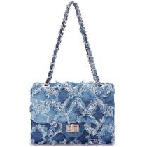 Bolsa de ombro feminina MKP acolchoada tiracolo, jeans envelhecida, azul