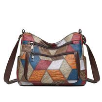 Bolsa de ombro feminina vintage em couro PU patchwork